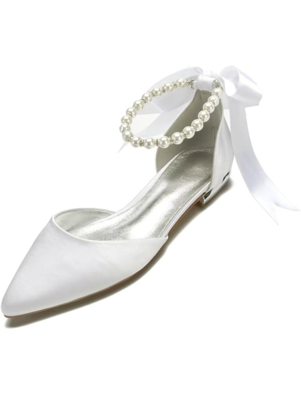 D'orsay Style Ivory Pointed Bridal Flats with Satin Tie + Pearl Strap, 10 Womens